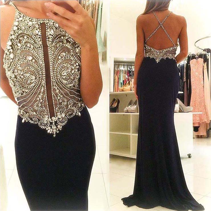 open back black prom dress