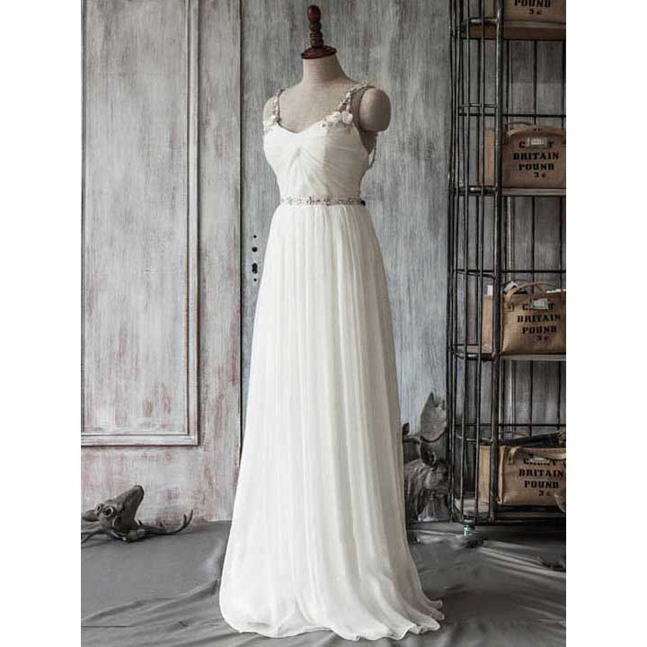 Crystal Beaded Straps Long Chiffon Wedding Dress, Unique Criss Cross Tulle Back Bridal Gown, White Flowers Sweep Train Wedding Dress, #00021415