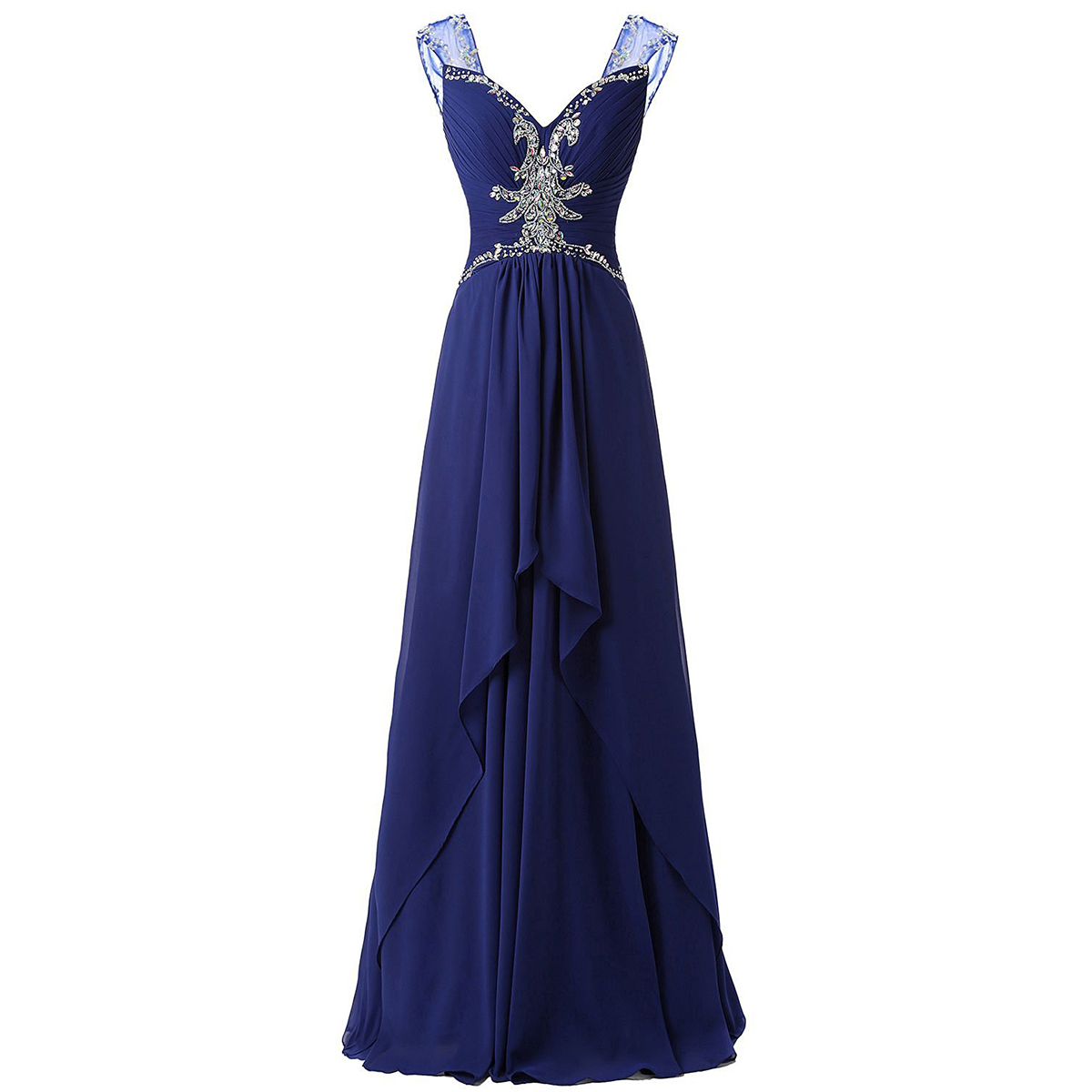 Royal Blue Long Chiffon Ruffle A Line Prom Dress Featuring Ruched