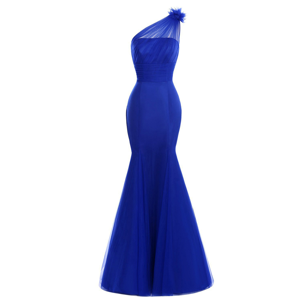 blue fit and flare prom dress