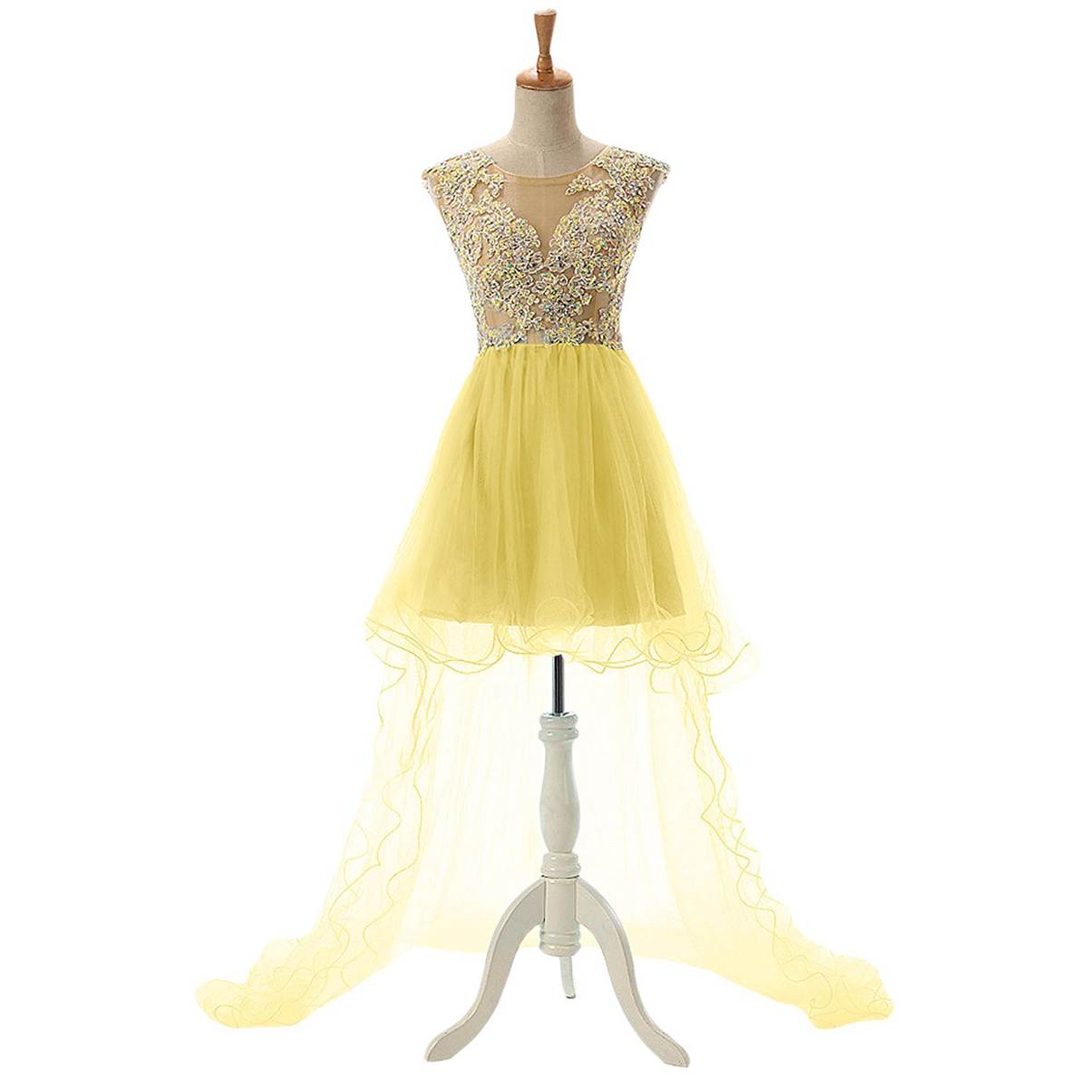 Scoop Neck See-through Lace Appliques Tulle Prom Dress, Crystal Open Back High Low Prom Dress, Cap Sleeves Yellow Prom Dress, #020102686