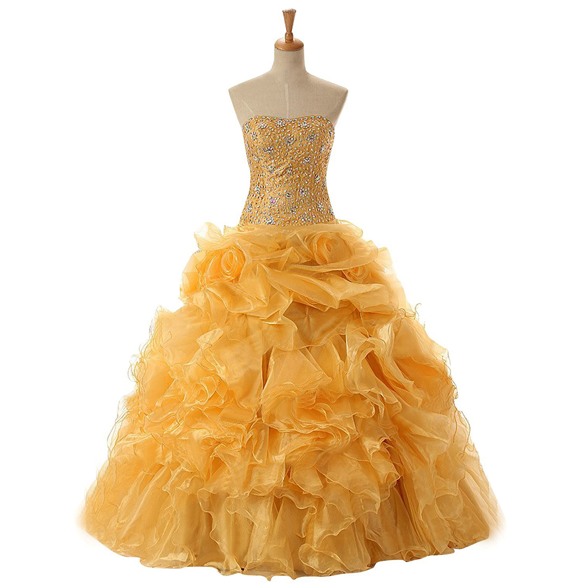 Elegant Strapless Crystal Beaded Long Prom Dress Yellow Lace Up Ball Gown Prom Dress Cascading