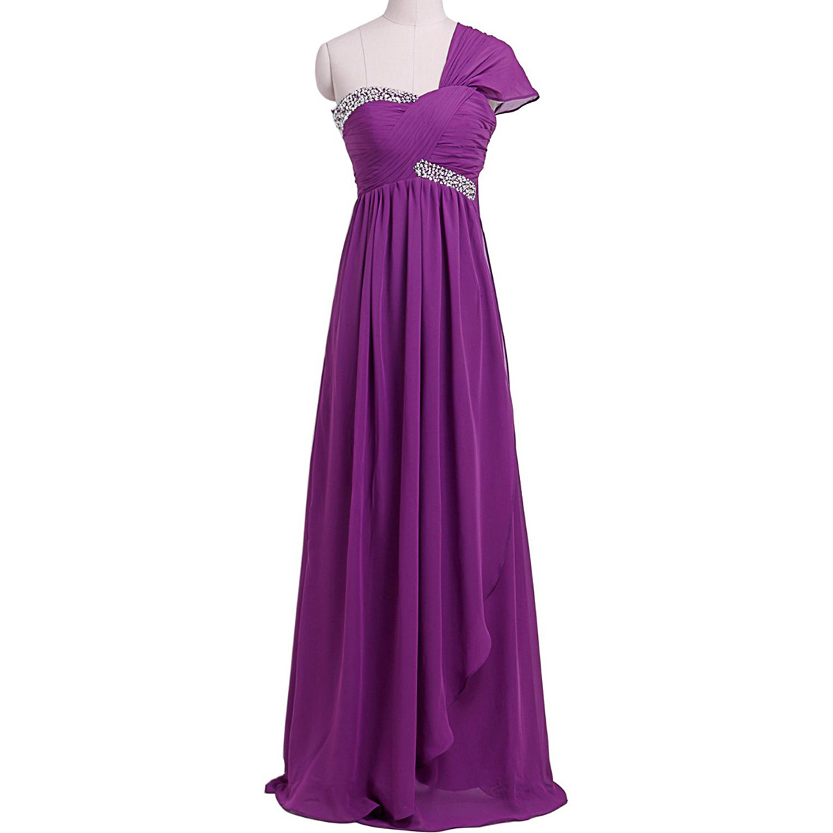Lilac Floor Length Chiffon A-Line Pleated Prom Dress Featuring Beaded Embellished Ruched Sweetheart Bodice with One Shoulder Cap Sleeve 