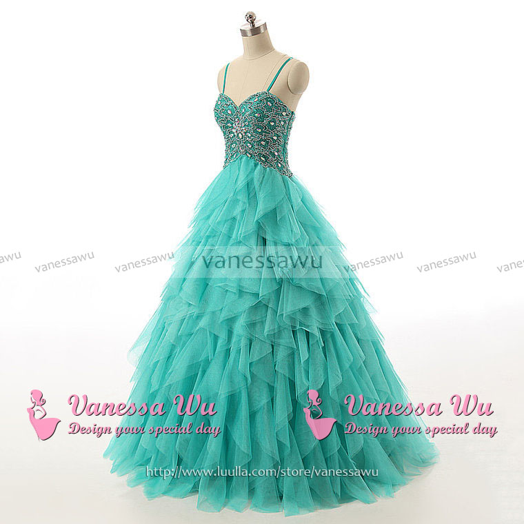 Spaghetti Straps Laceup Beaded Long Prom Dress, Crystal Turquoise Ball