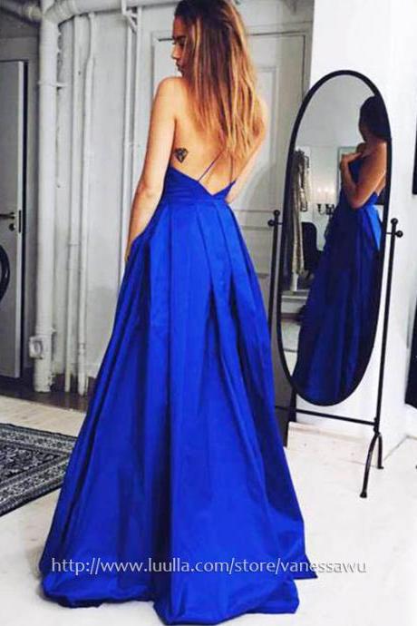 Long Prom Dresses,A-line V-neck Formal Evening Dresses,Sweep Train Satin Pageant Dresses with Ruffle,#02019053
