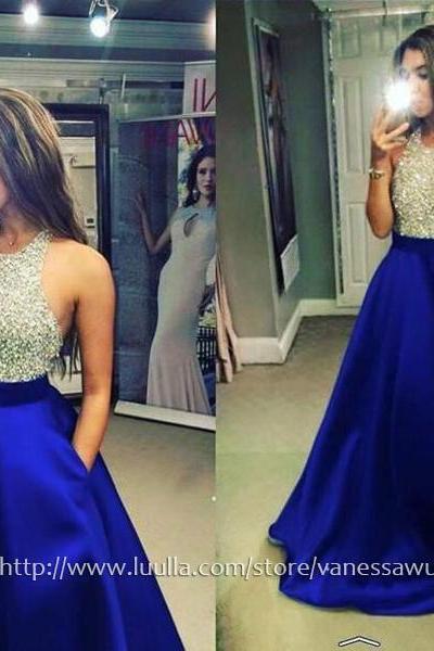 Sparkly Blue Long Prom Dresses,Ball Gown Halter Formal Dresses,Satin Tulle Evening Dresses with Beading,#020102391