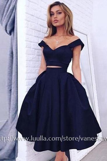 Two Piece Prom Dresses,Short A-line Off-the-shoulder Homecoming Dresses,Tea-length Satin Party Dresses with Ruffle,#020102596