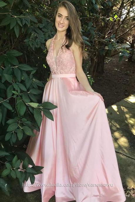 Designer Pink Long Prom Dresses,Princess Halter Evening Dresses,Taffeta Formal Dresses with Appliques Lace Ruffle,#020105085