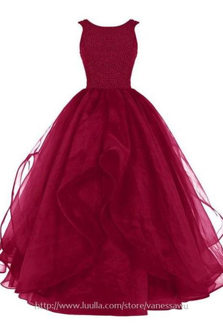 Long Prom Dresses,Ball Gown Scoop Neck Formal Evening Dresses,Popular Organza Pageant Dresses with Beading,#020102390
