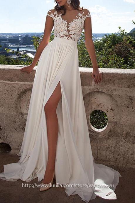 Long Prom Dresses,White A-line Scoop Neck Formal Dresses,Sweep Train Chiffon Evening Dresses with Appliques Lace Split Front,#020103578