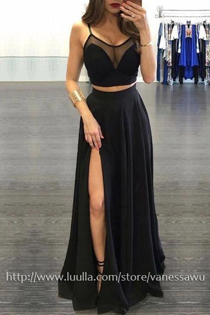 Two Piece Prom Dresses,A-line Scoop Neck Long Formal Dresses,Chiffon Tulle Pageant Dresses with Split Front,#020103593