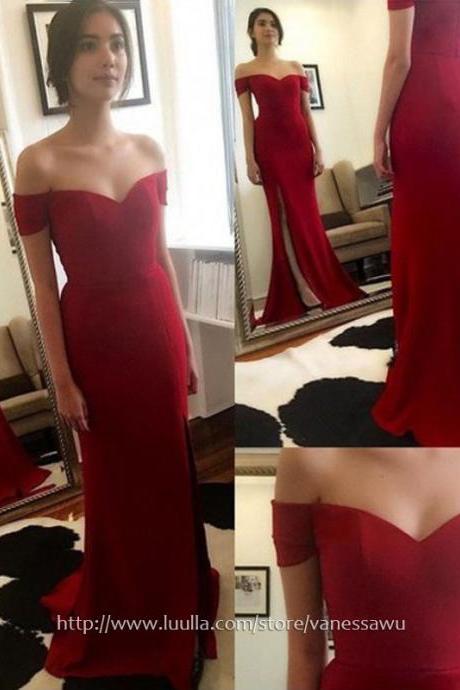 Long Prom Dresses,Red Trumpet/Mermaid Off-the-shoulder Formal Dresses,Cheap Sweep Train Satin Prom Dresses with Split Front,#020103671