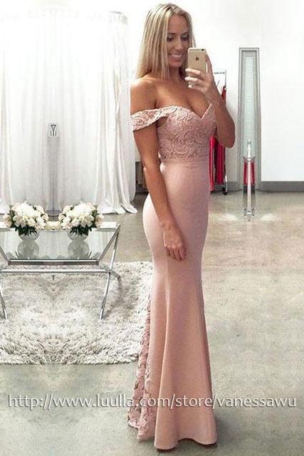 Cheap Prom Dresses,Trumpet/Mermaid Off-the-shoulder Long Formal Dresses,Lace Silk-like Satin Evening Dresses with Ruffle,#020104503