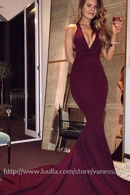 Long Prom Dresses,Trumpet/Mermaid V-neck Prom Dresses,Modest Sweep Train Jersey Formal Evening Dresses with Ruffle,#020104522