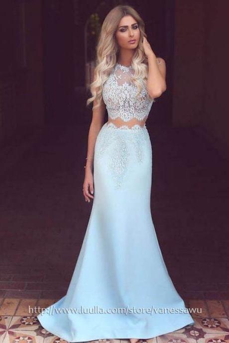 Long Prom Dresses,Trumpet/Mermaid Two Piece Formal Dresses,Scoop Neck Sweep Train Satin Tulle Evening Dresses with Appliques Lace,#020104536