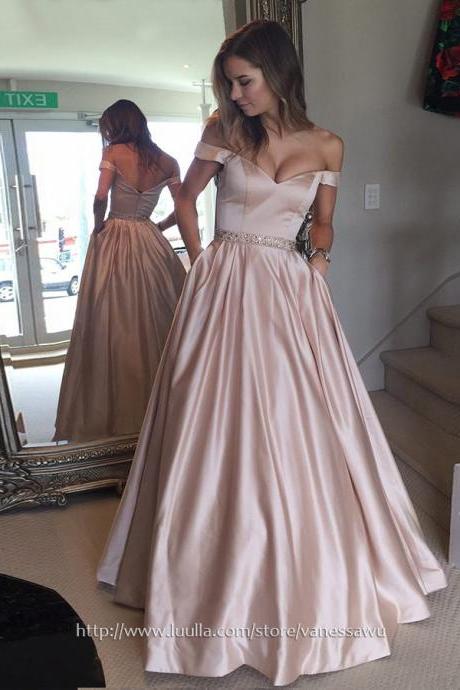 Long Prom Dresses,Ball Gown Off-the-shoulder Formal Dress,Custom Made Satin Evening Dresses with Beading,#020104578