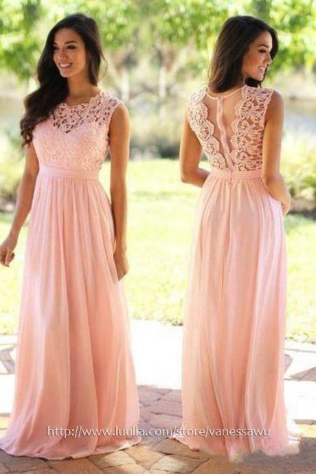 Pretty Pink Long Prom Dresses,A-line Scoop Neck Formal Party Dresses,Chiffon Pageant Evening Dresses with Lace,#020104579