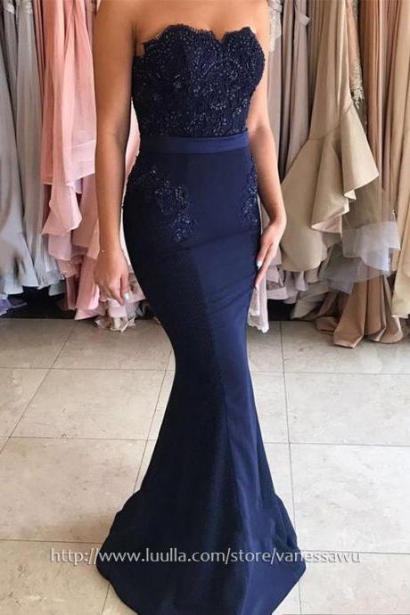 Long Prom Dresses,Trumpet/Mermaid Sweetheart Formal Dresses,Modest Sweep Train Silk-like Satin Prom Dresses with Appliques Lace,#020104580
