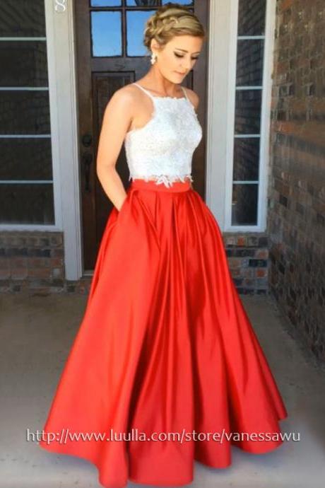 Two Piece Prom Dresses,Ball Gown Long Prom Dresses,Square Neckline Satin Formal Evening Dresses with Appliques Lace,#020104587