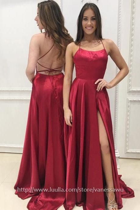 Popular Burgundy Long Prom Dresses,A-line Scoop Neck Evening Pageant Dresses,Satin Formal Party Dresses with Split Front,#020105078