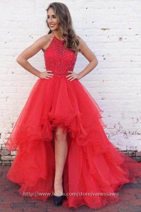 Fabulous High Low Red Prom Dresses,Princess Halter Asymmetrical Evening Dresses,Organza Formal Party Dresses with Beading,#020103198