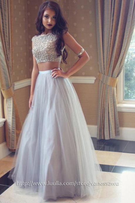 Two Piece Prom Dresses,Princess Scoop Neck Long Formal Dresses,Elegant Tulle Evening Dresses with Pearl Detailing,#020103295