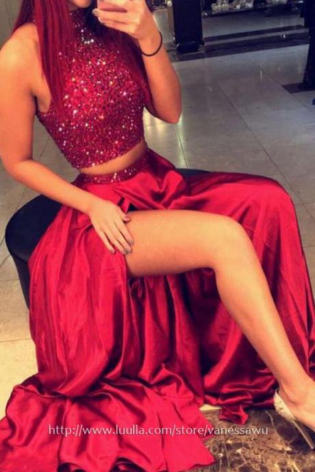 Two Piece Prom Dresses,A-line High Neck Long Prom Dresses,Sweep Train Silk-like Satin Formal Evening Dresses with Beading Split Front,#020103602