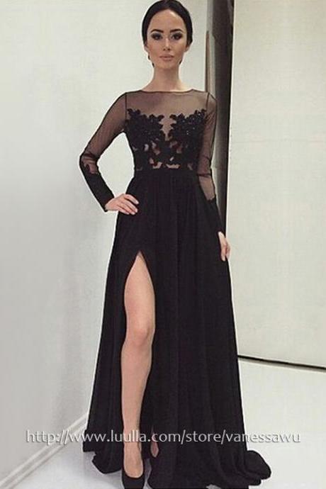 Long Sleeve Prom Dresses,A-line Scoop Neck Long Formal Dresses,Sweep Train Chiffon Pageant Dresses with Appliques Lace Split Front,#020103633