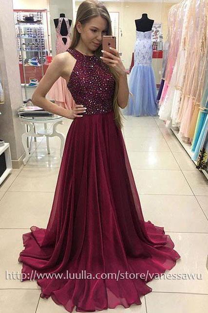 Cheap Prom Dresses,Unique A-line Scoop Neck Long Formal Dresses,Affordable Chiffon Evening Dresses with Beading,#020104608