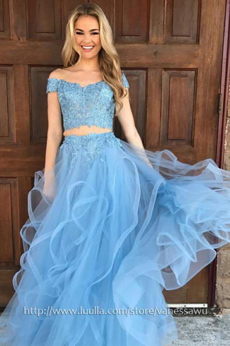 Two Piece Prom Dresses,A-line Off-the-shoulder Long Prom Dresses,Beautiful Tulle Formal Evening Dresses with Appliques Lace,#020104809