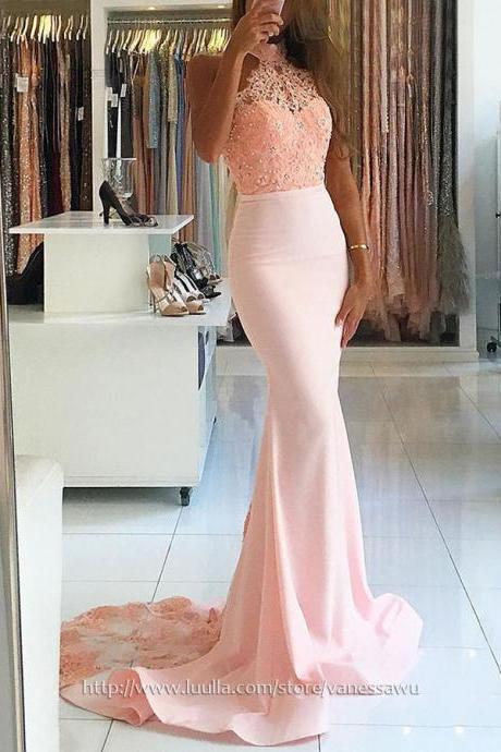 Long Prom Dresses,Trumpet/Mermaid Halter Formal Dresses,Elegant Sweep Train Jersey Evening Dresses with Appliques Lace,#020104945