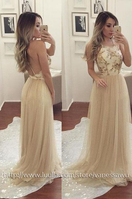 Elegant Long Prom Dresses,A-line Scoop Neck Formal Party Dresses,Tulle Evening Dresses with Appliques Lace Sequins,#020105275