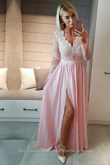 Cheap Pink Prom Dresses,A-line V-neck Long Formal Dresses,Chiffon Evening Party Dresses with Appliques Lace Split Front,#020105623