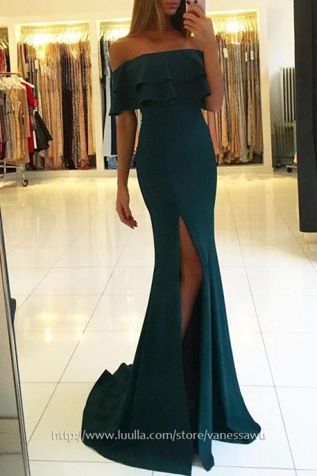 Long Prom Dresses,Trumpet/Mermaid Off-the-shoulder Formal Dresses,Cheap Sweep Train Silk-like Satin Evening Dresses with Split Front, #020105701
