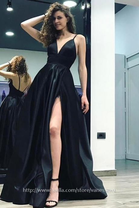Cheap Black Long Prom Dresses,A-line V-neck Formal Party Dresses,Satin Pageant Evening Dresses with Split Front,#020105754