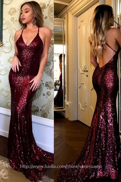 Cheap Prom Dresses,Trumpet/Mermaid V-neck Long Formal Dresses,Fashionable Sweep Train Sequined Evening Dresses,#020105807
