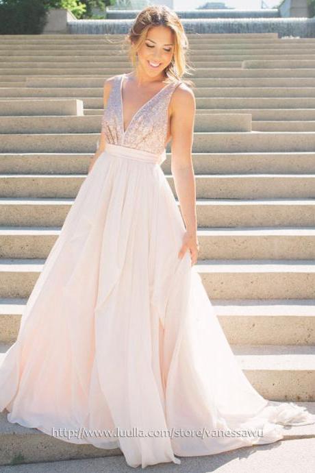 Long Prom Dresses,Ball Gown V-neck Formal Dresses,Sweep Train Tulle Sequined Evening Dresses with Sashes Ruffle,#020106039