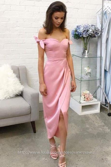 Cheap Prom Dresses,Sheath/Column Off-the-shoulder Tea-length Formal Dresses,Silk-like Satin Party Dresses with Bow Split Front,#020106087
