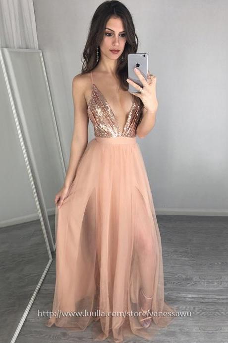 Cheap Prom Dresses,A-line V-neck Long Formal Dresses,Tulle Evening Dresses with Split Front Sequins,#020103637