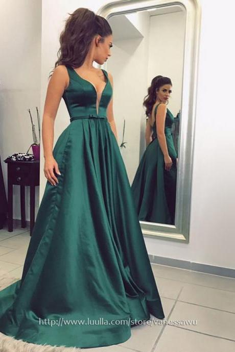 Long Prom Dresses,Princess V-neck Formal Dresses,Sweep Train Satin Evening Dresses with Ruched Sashes,#020104908