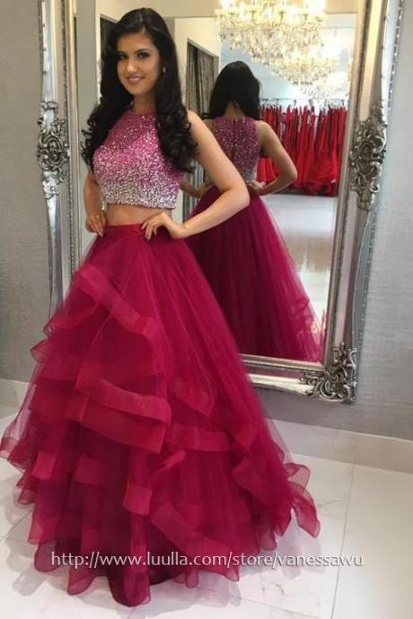 Two Piece Prom Dresses,A-line Scoop Neck Long Formal Evening Dresses,Cute Tulle Prom Dresses with Sequins,#020104914