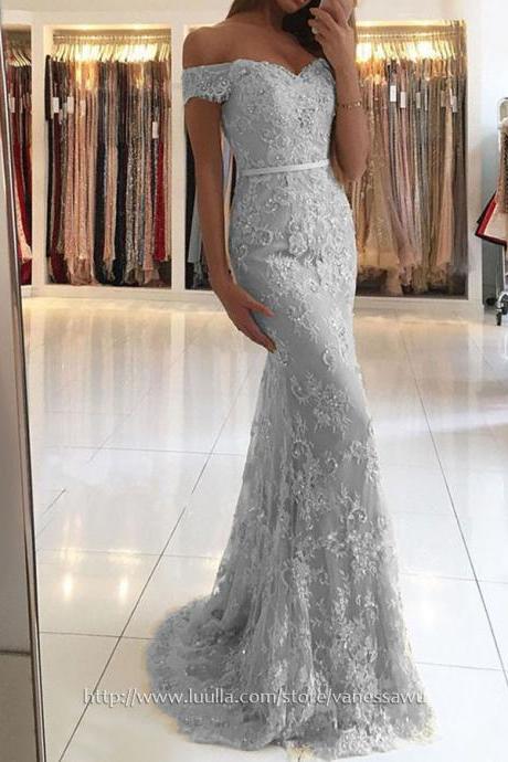 Long Prom Dresses,Trumpet/Mermaid Off-the-shoulder Formal Dresses,Sweep Train Tulle Pageant Dresses with Appliques Lace Sashes,#020104963