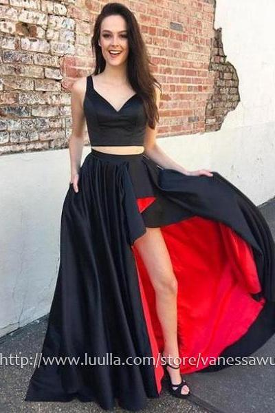 Two Piece Prom Dresses,A-line V-neck Long Formal Evening Dresses,New Style Satin Pageant Dresses,#020105189