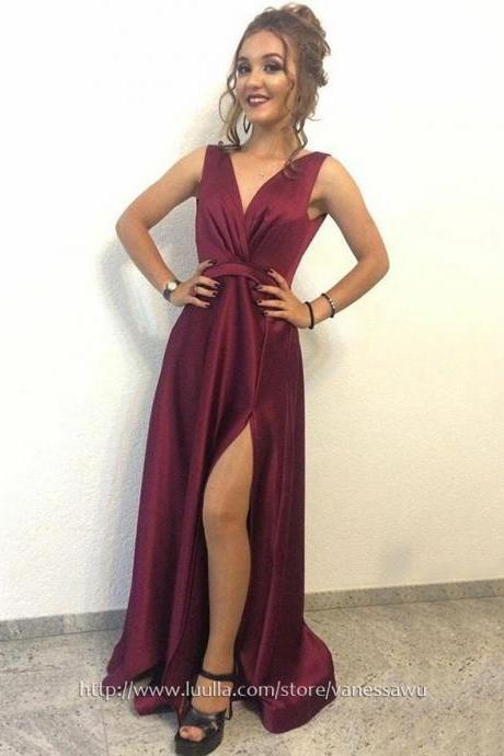 Cheap Prom Dresses,A-line V-neck Long Formal Dresses,Cute Silk-like Satin Pageant Dresses with Split Front,#020105208