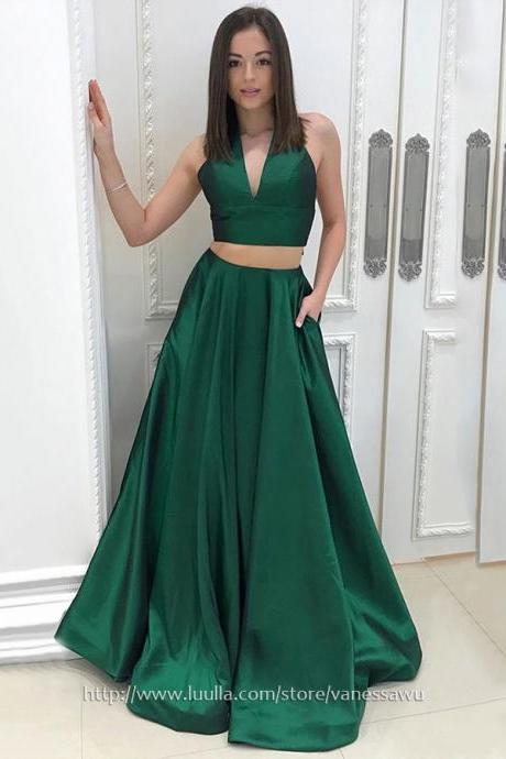 Long Prom Dresses,Green Princess V-neck Formal Dresses,Affordable Satin Evening Dresses,#020105234