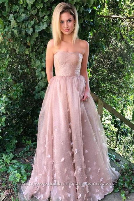 Long Prom Dresses,A-line Strapless Formal Dresses,Sweep Train Tulle Evening Dresses with Flowers,#020105270