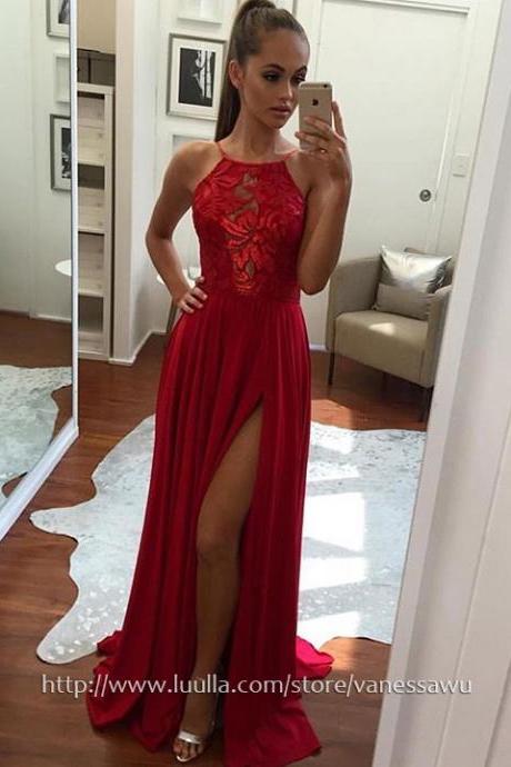 Long Prom Dresses,A-line Scoop Neck Lace Formal Dresses,Sweep Train Chiffon Evening Dresses with Split Front,#020105340