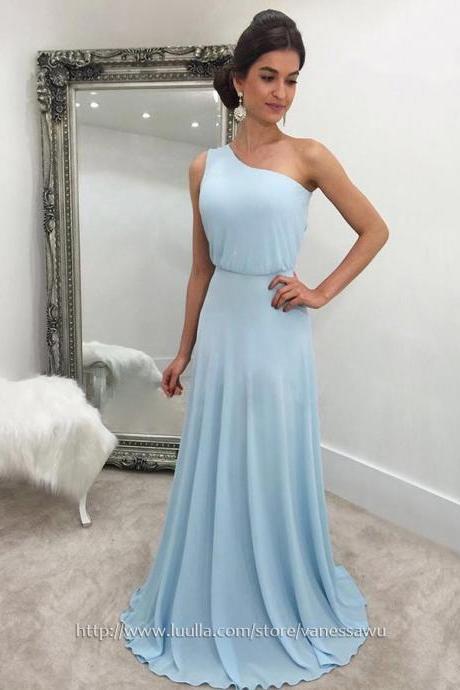Long Prom Dresses,A-line One Shoulder Formal Dresses,Sweep Train Chiffon Evening Dresses,#020105744