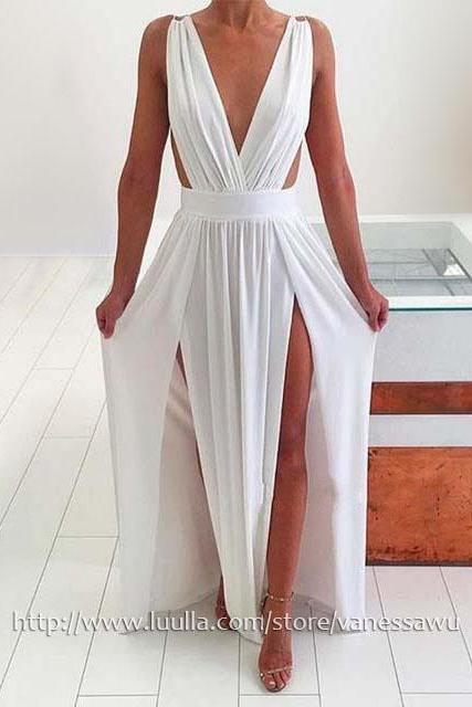 White Prom Dresses,A-line V-neck Long Formal Dresses,Chiffon Evening Dresses with Ruffle Split Front,#020105769