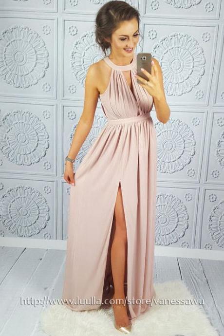 Long Prom Dresses,A-line Scoop Neck Lace Formal Dresses,Pretty Chiffon Evening Dresses with Split Front,#020106044
